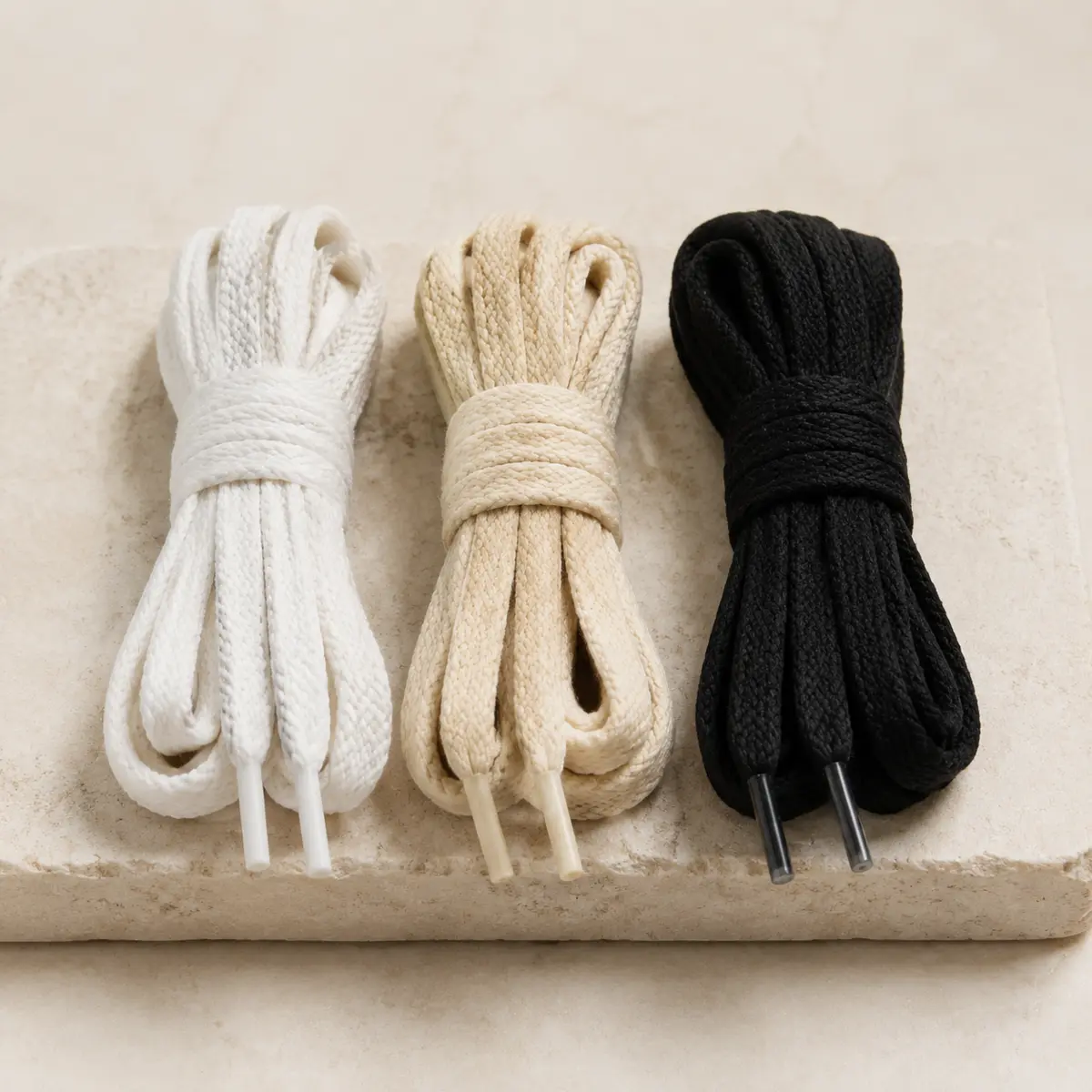 Natural cotton shoelaces in white, beige and black