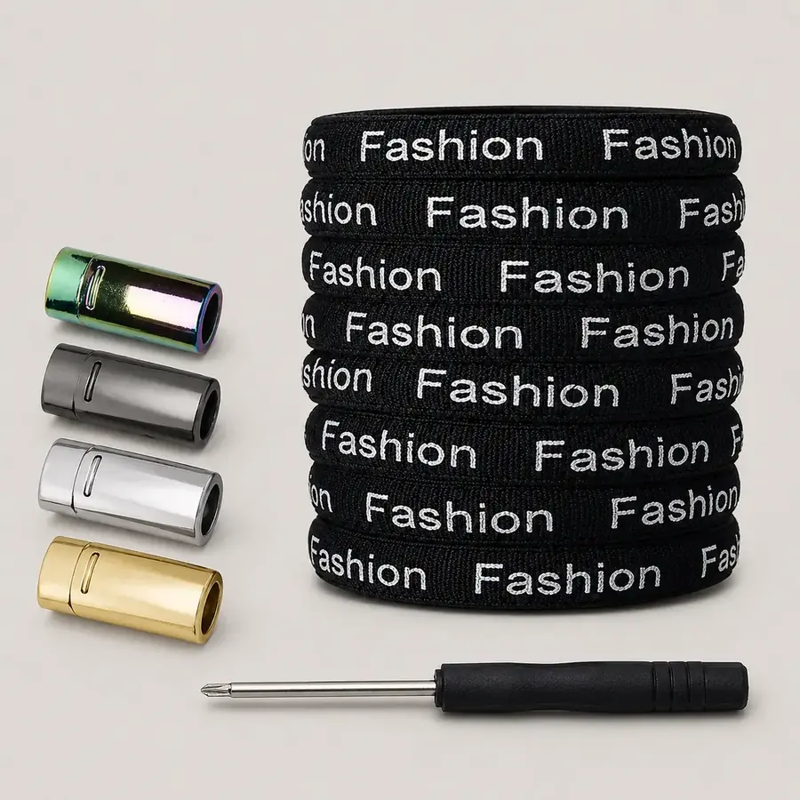 Black printed flat elastic laces with magnetic closures