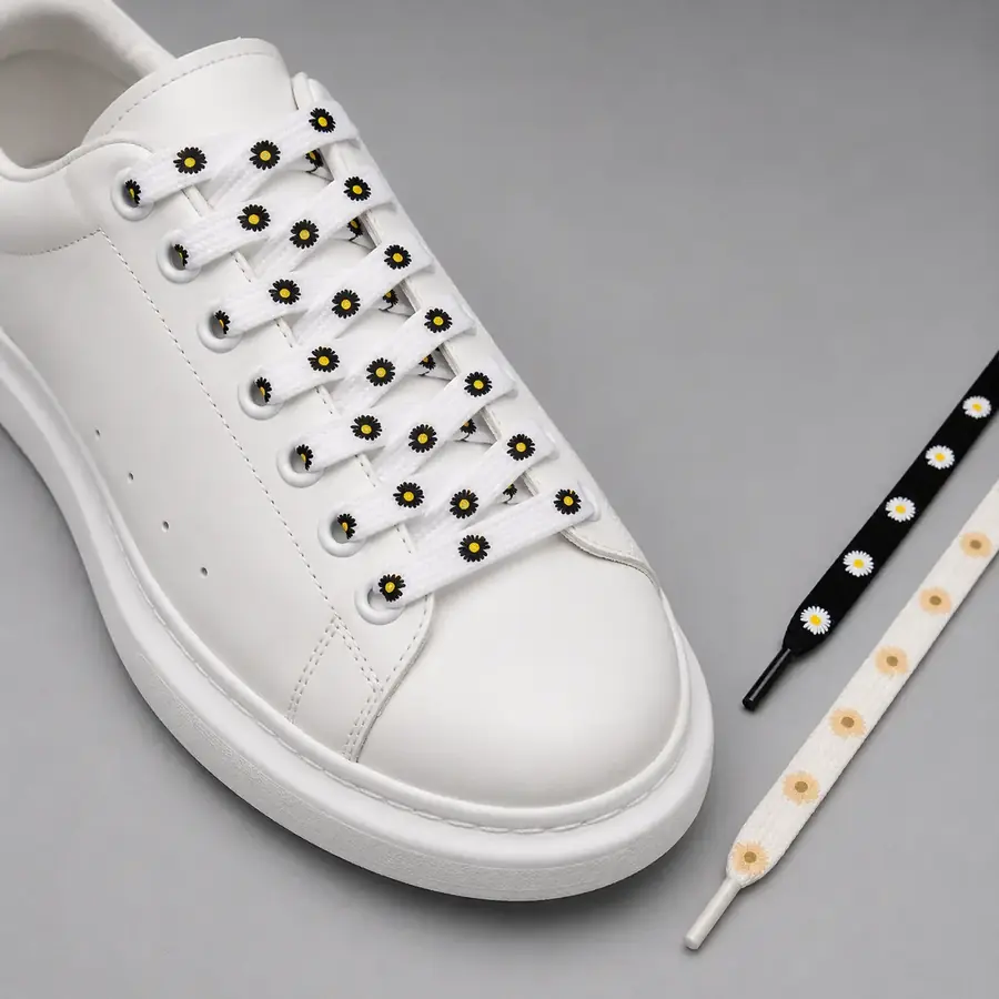 White black and cream daisy print flat shoelaces