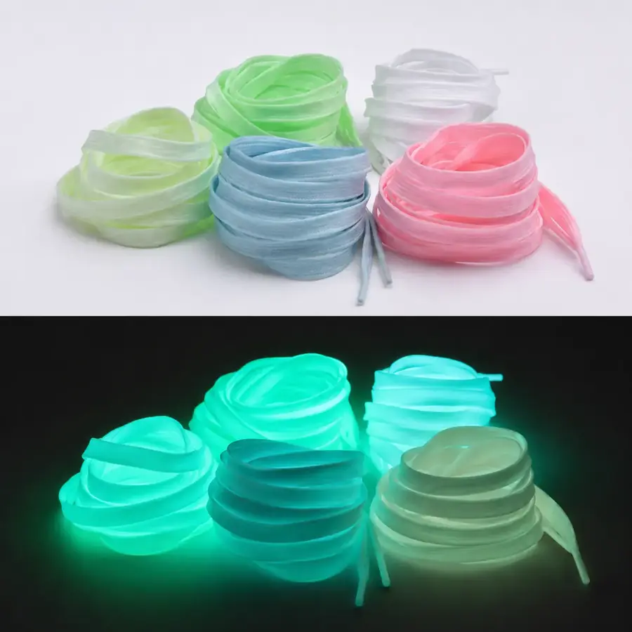Pastel flat glow shoelaces shown in daylight and darkness