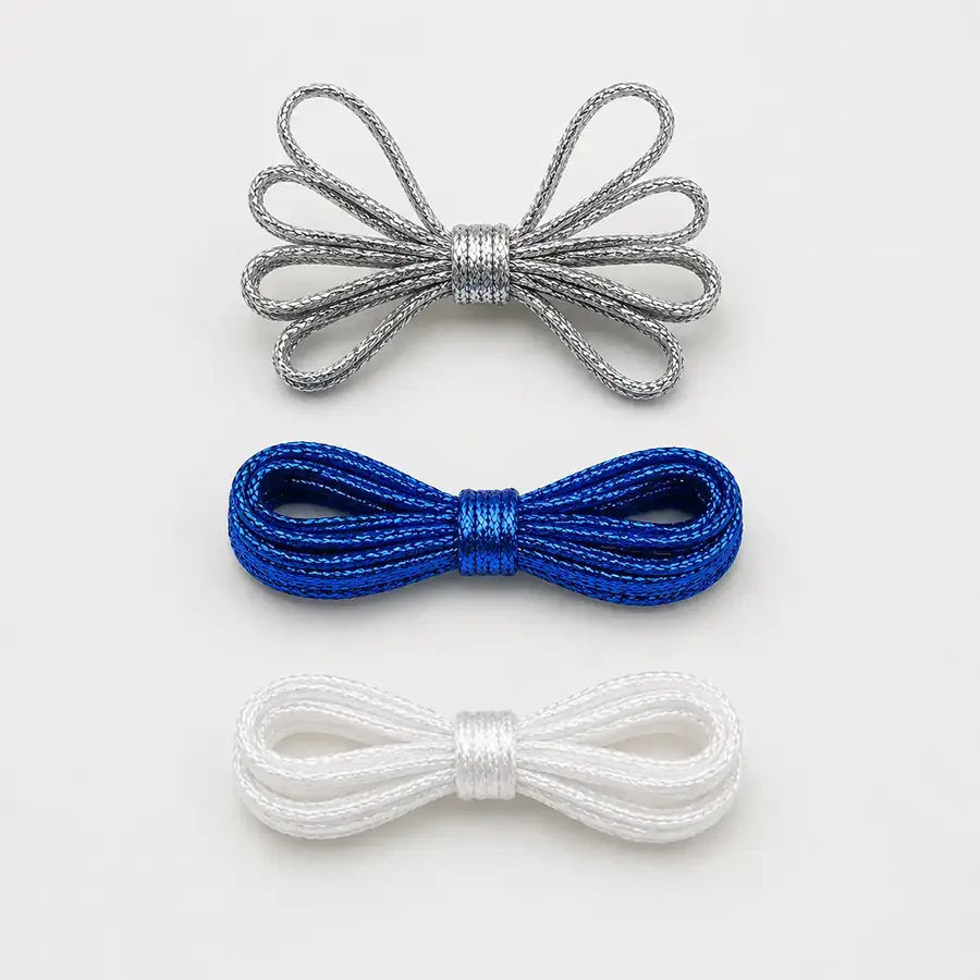 Silver blue and white metallic round shoelaces